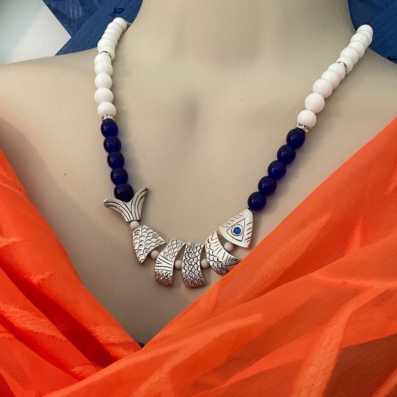 Silver Fish Necklace. Blue & White Glass Beads. Length can be Adjusted to Fit. - Picture 3 of 8